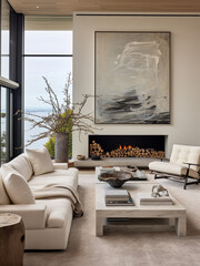 modern minimalist neutral living room with fireplace and large oversized windows contemporary  - obrazy, fototapety, plakaty