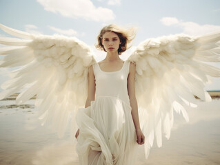 Beautiful female angel with wings, sky background