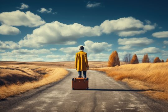 Creative photo of a traveler with a suitcase on his way to unknown places 