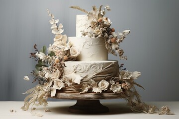 Wedding cake art on white background, with rustic decor. Generative AI