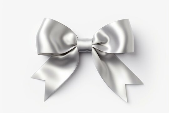 Silver ribbon bow with shadow on white background. Generative AI