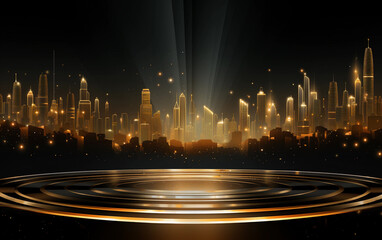 Golden podium for display with city in the background. Futuristic luxury illustration - obrazy, fototapety, plakaty