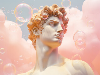 Ancient Greek God bust with soap bubbles