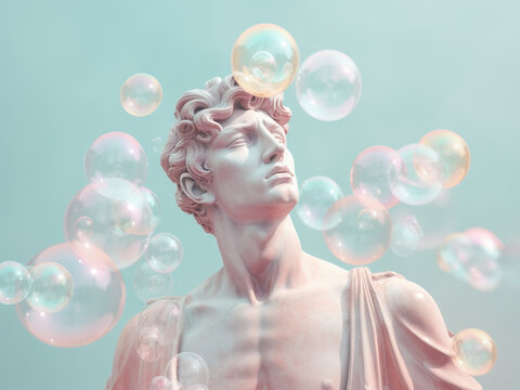 Ancient Greek God bust with soap bubbles