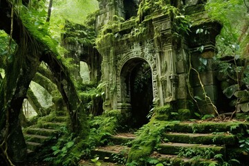 Overgrown ancient ruins hidden in jungle with climbing vegetation. Generative AI