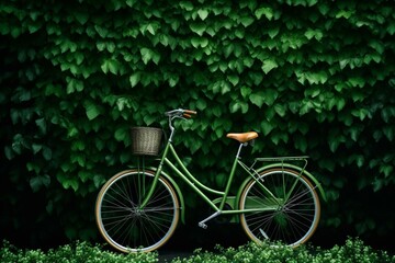 Fototapeta na wymiar Bike beside foliage on green backdrop. Focus on eco-friendly and sustainable transportation. Generative AI