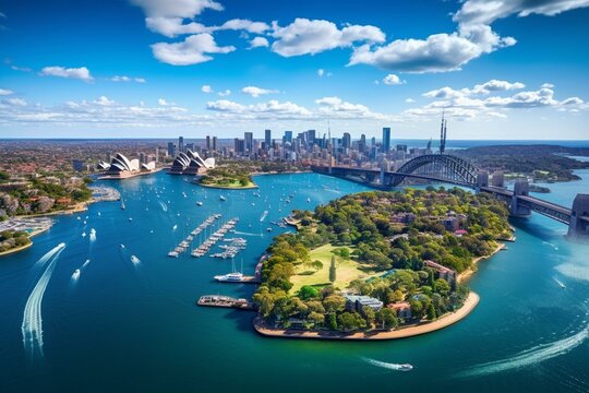 Bird's-eye view of Sydney Harbor. Generative AI