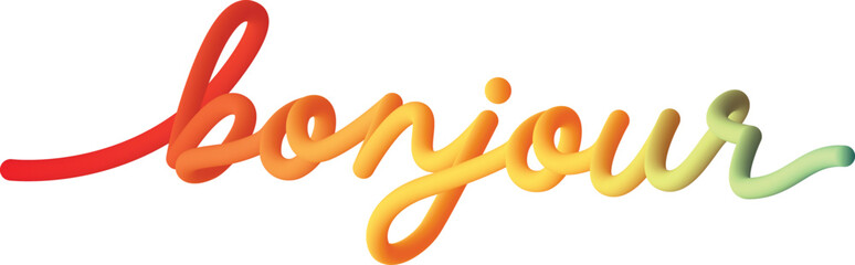 Colorful Bonjour typography, with 3D color gradations like balloons. And handwriting style.  © Mantografi