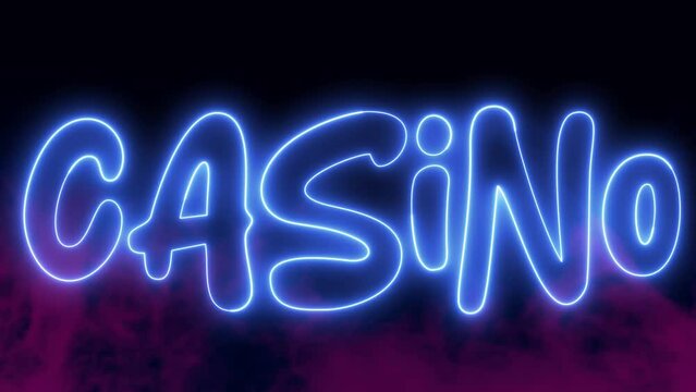 Casino text font with neon light. Luminous and shimmering haze inside the letters of the text Casino. Casino neon sign.