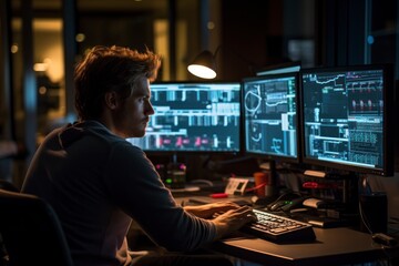 A data scientist fine-tuning a neural network model on a powerful workstation, with cascades of data flowing across the screen