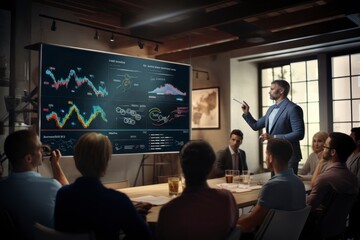 Fototapeta premium A data scientist presenting findings to a diverse audience in a high-tech conference room, with dynamic visualizations projected on a large screen