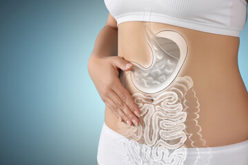 Woman with healthy digestive system on light blue background, closeup. Illustration of gastrointestinal tract - obrazy, fototapety, plakaty