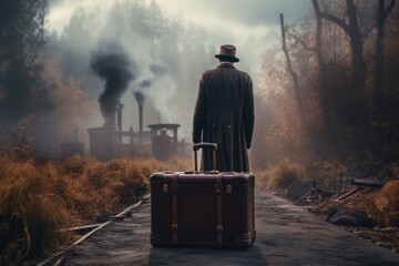 Creative photo of a traveler with a suitcase on his way to unknown places  - obrazy, fototapety, plakaty