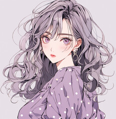 水玉模様　ファッションモデル　紫　ヘアモデル