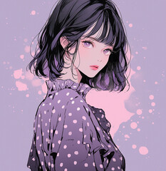 水玉模様　ファッションモデル　紫　ヘアモデル