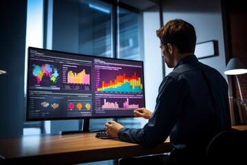 Fototapeta premium An analyst extracting meaningful insights from data using sophisticated visualization tools, with colorful charts and graphs on a computer screen