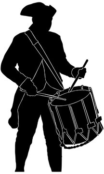 American Revolutionary War soldier drumming, silhouette in black, isolated 