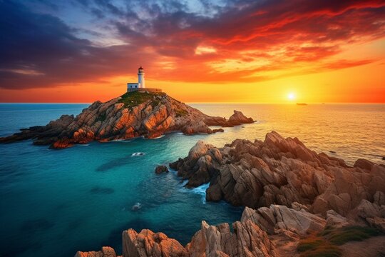 Beautiful sunrise on Capo San Marco lighthouse in Sardinia, Europe. Picturesque Mediterranean seascape. Generative AI