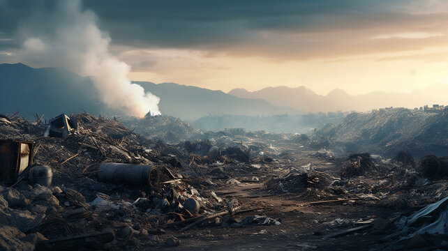 An outdoor illustration of a landfill. A post-apocalyptic, desolate, and smoking landscape. Dark and depressing.  