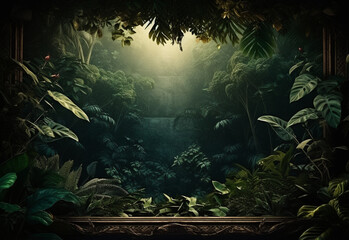 Fototapeta na wymiar Ai Generative Beautiful jungle background with border made of tropical leaves backdrop with copy space