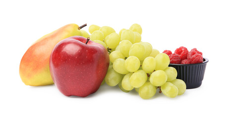 Delicious ripe fruits and raspberries isolated on white