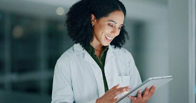 Scientist, laboratory and tablet with happy teamwork for research, digital technology and laughing with mentor. Science, collaboration and helping colleague with data analysis or training support