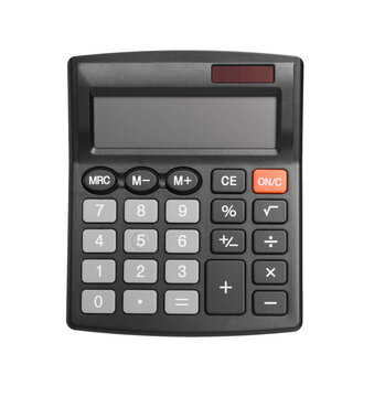 Black calculator isolated on white, top view. Office stationery