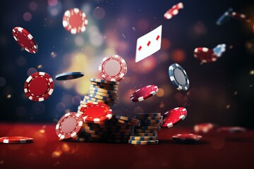 Illustration of falling casino chips in a realistic poker casino theme. Generative AI - obrazy, fototapety, plakaty