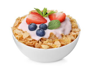 Delicious crispy cornflakes, yogurt and fresh berries in bowl isolated on white. Healthy breakfast