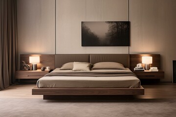 Modern bedroom features a brown bed and beige wall. Generative AI