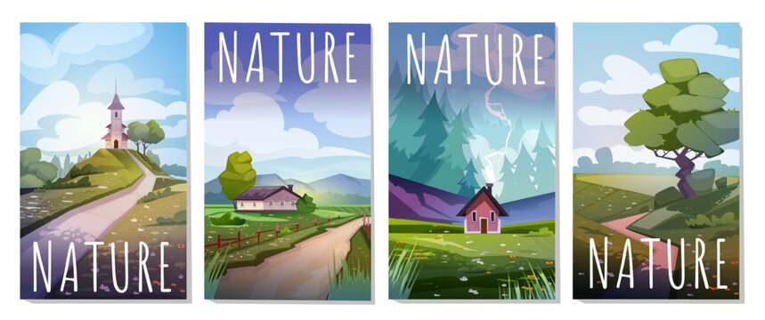 Posters with nature set. Colorful banners with forest landscape and plants, countryside small houses and green glade, trees and hills. Cartoon flat vector collection isolated on white background