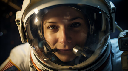 a female astronaut floats gracefully in the microgravity of space, her awe-inspiring expression highlighting the boundless frontiers of women's contributions to scientific research  - Powered by Adobe