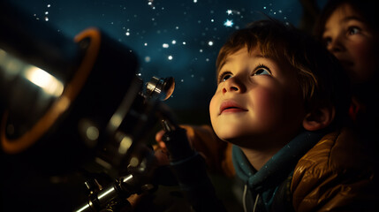 Fototapeta na wymiar a child sharing a telescope with a friend, their shared wonder as they gaze at the stars a reflection of the infinite possibilities their friendship holds. 