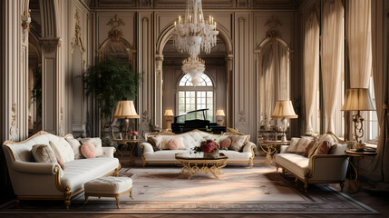 Elegant Living Room with Chandeliers and Silk Fabrics - obrazy, fototapety, plakaty