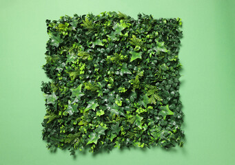 Green artificial plants on color background, top view