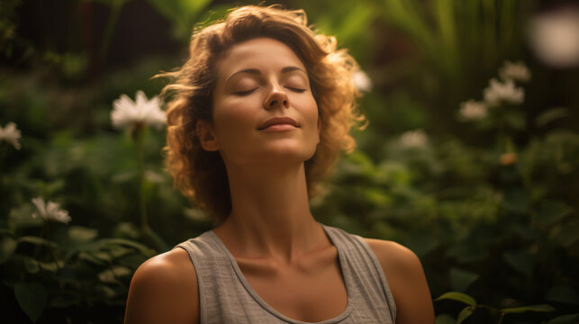a woman practices mindfulness in a lush garden, her closed eyes reflecting inner serenity. This image promotes the importance of mental wellness and self-care in women's overall