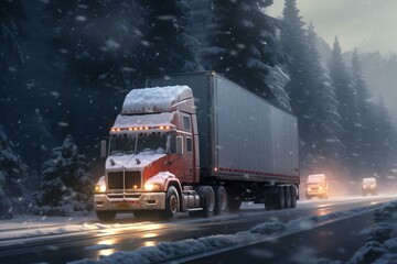 Large truck hauling cargo in a refrigerated trailer on a wet road surrounded by snowy trees. Generative AI - obrazy, fototapety, plakaty