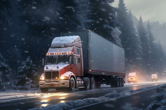 Large truck hauling cargo in a refrigerated trailer on a wet road surrounded by snowy trees. Generative AI