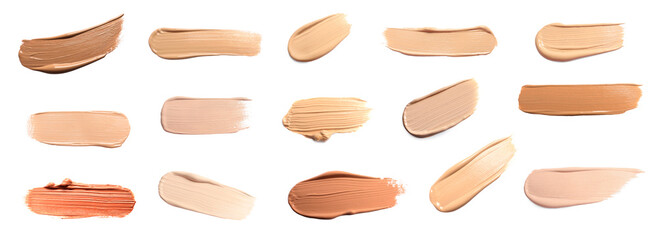Foundation of different textures and shades for various skin types isolated on white. Set with...