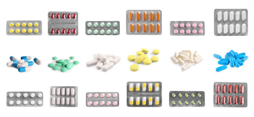 Set with many different pills isolated on white