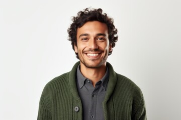 Medium shot portrait photography of a Peruvian man in his 30s against a white background