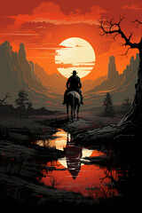 A silhouette of a man riding on the back of a horse. AI generative