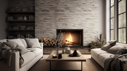 Scandinavian Living Room with a Stone Fireplace