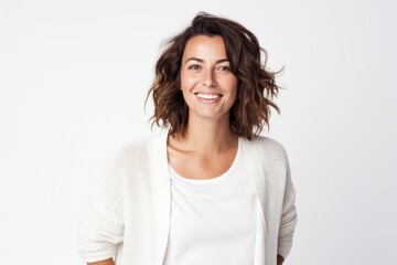 Group portrait photography of a French woman in her 30s against a white background