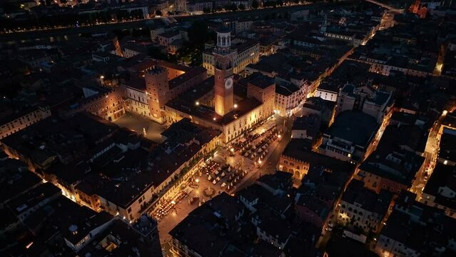 Verona Italy, aerial view of Piazza delle Erbe, Torre dei Lamberti, historical city centre, urban skyline, Cathedral, Veneto Region, night evening