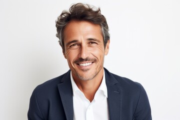 Medium shot portrait photography of a French man in his 40s against a white background