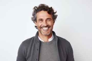 Medium shot portrait photography of a cheerful French man in his 40s against a white background