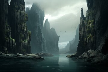 A mysterious landscape featuring a dark island surrounded by ocean and towering cliffs. Generative AI