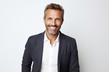 Group portrait photography of a happy French man in his 40s against a white background