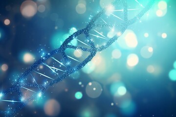 Illustration of blue DNA with bokeh lights, representing genetic medicine and innovation. Generative AI - obrazy, fototapety, plakaty